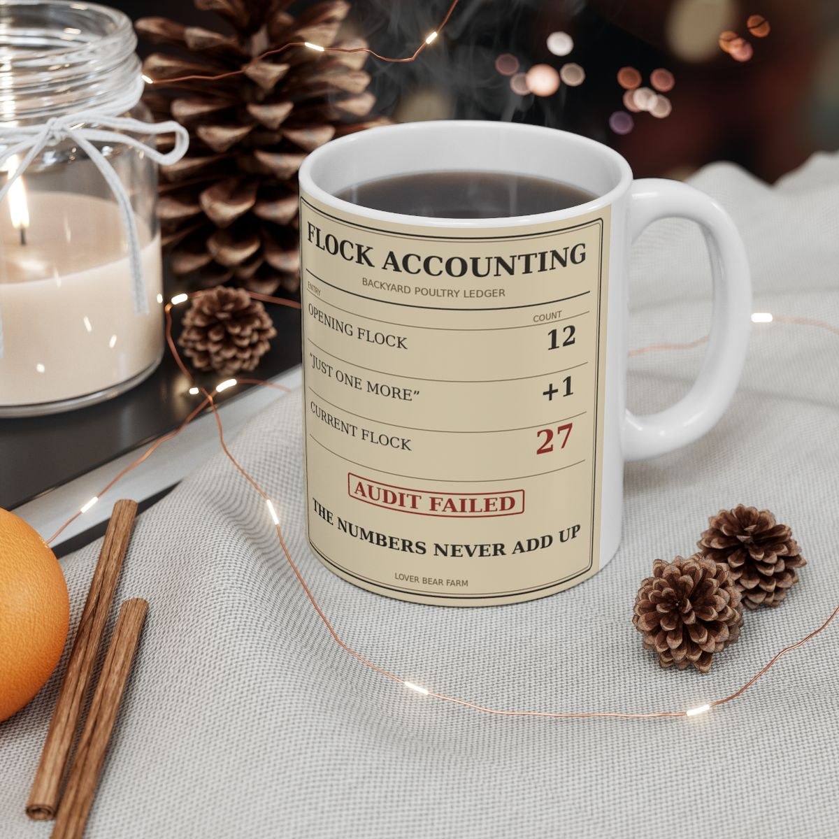 Flock Accounting mug displaying a failed chicken math ledger