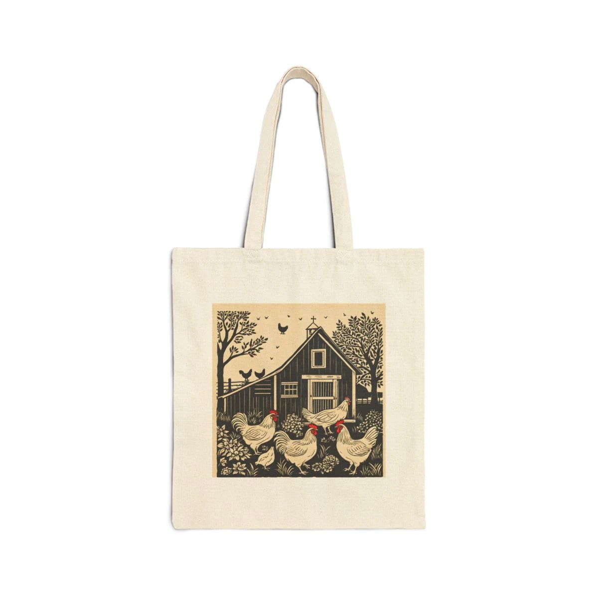 Natural cotton canvas tote with vintage barn and chicken artwork printed on both sides