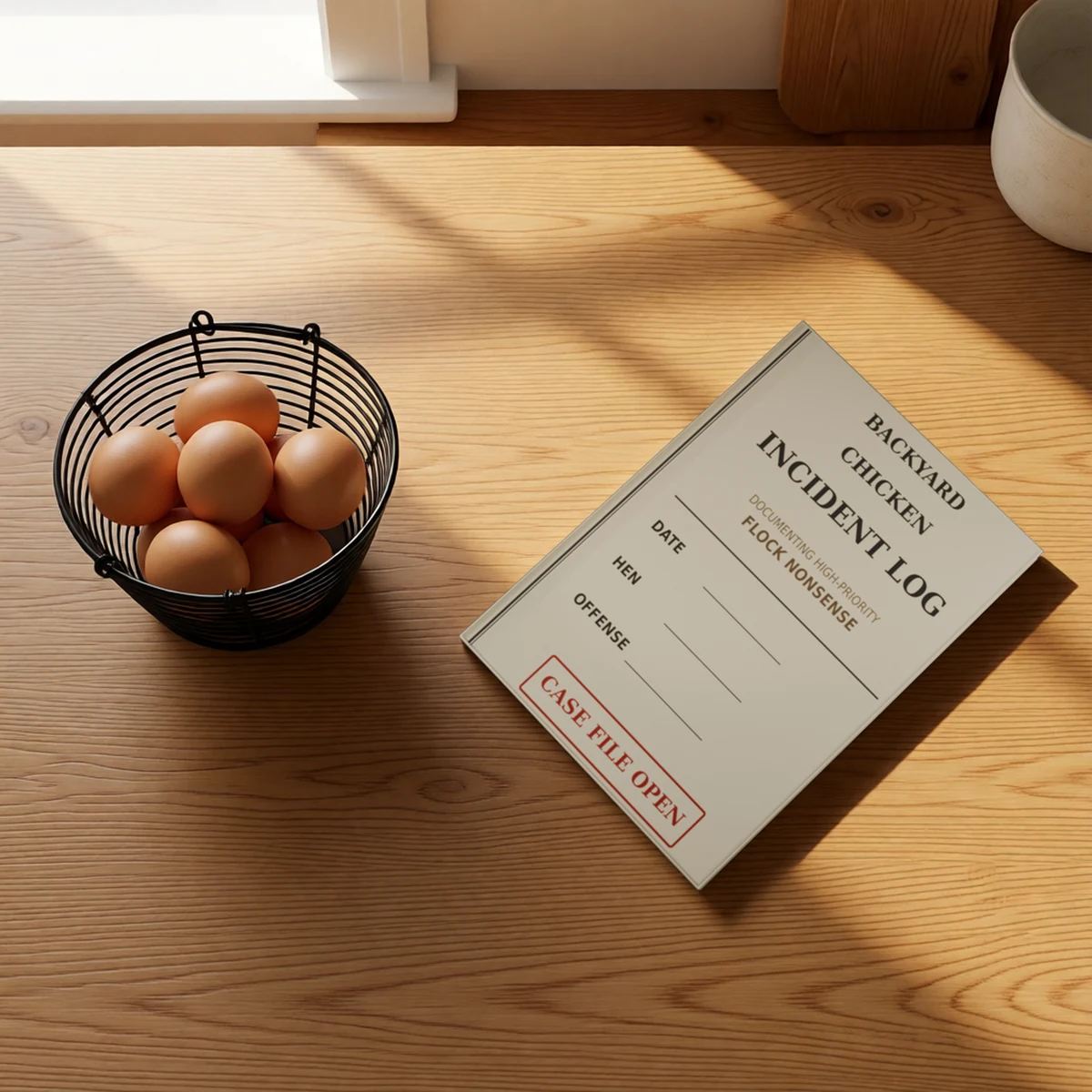 Backyard Chicken Incident Log hardcover journal beside a basket of eggs on a sunlit wooden table
