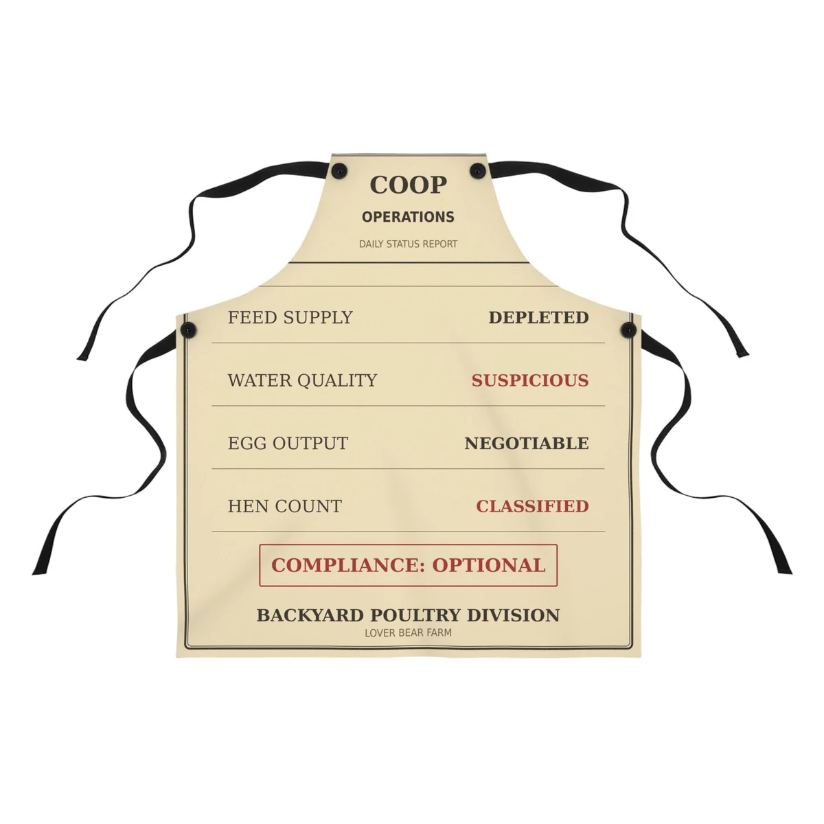 Coop Operations chicken apron with detachable black straps and daily status report design