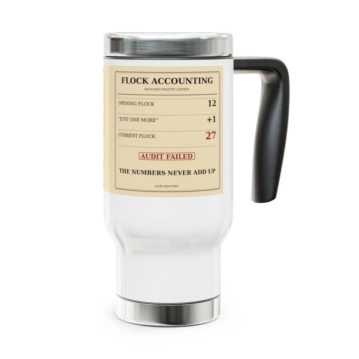 Flock Accounting 14 ounce handled chicken keeper travel mug